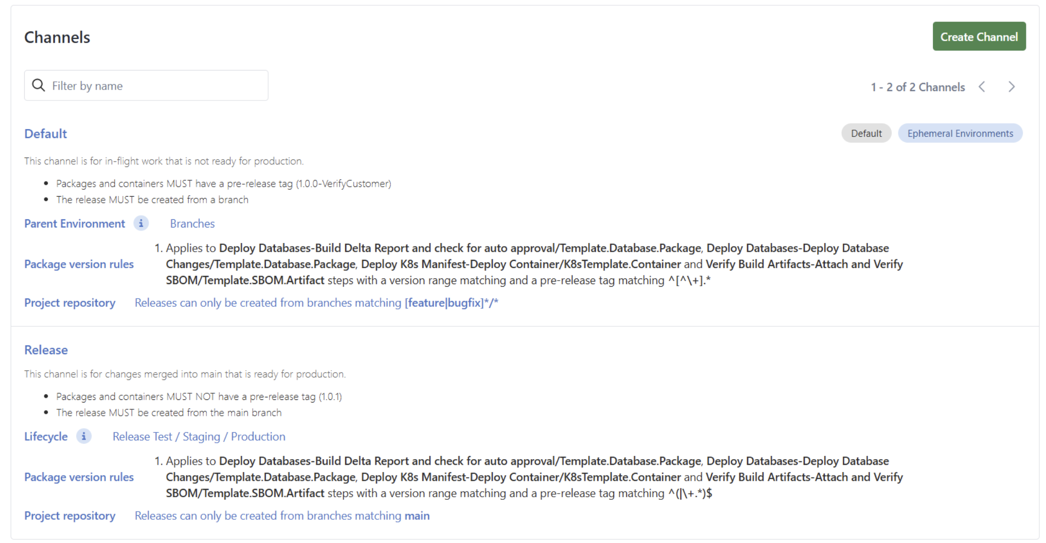 Screenshot of Octopus Deploy interface showing the recommended default and release channels for a specific project.