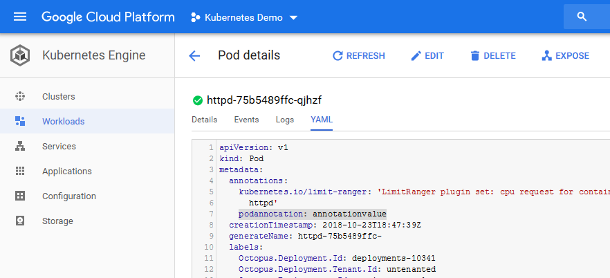The YAML of a Pod resource created with the annotation applied